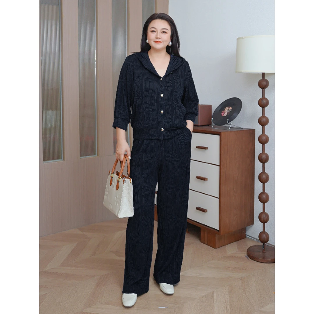 【三宅风褶皱七分袖外套阔腿裤套装】MsShe大码女装春J~Q2503021