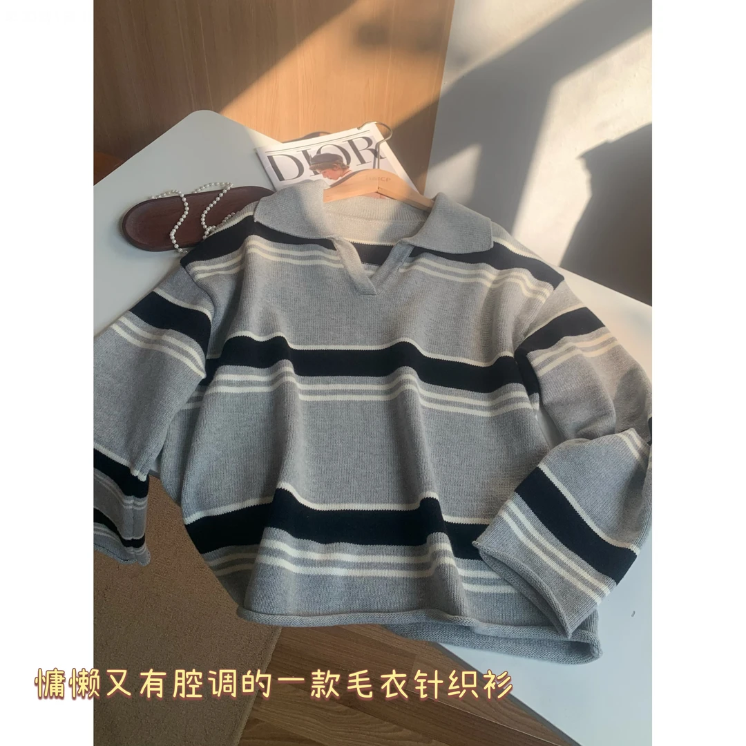 【老钱满分】翻领宽松版型落肩袖针织衫套头毛衣