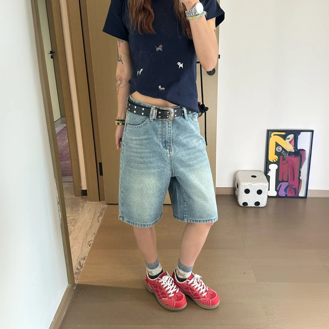 大码水洗宽松直筒五分牛仔裤女夏季新款宽松韩版高腰显瘦阔腿中裤