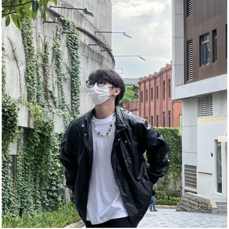 防水防污复古皮衣夹克立领潮流时尚外套男女同款情侣运动休闲