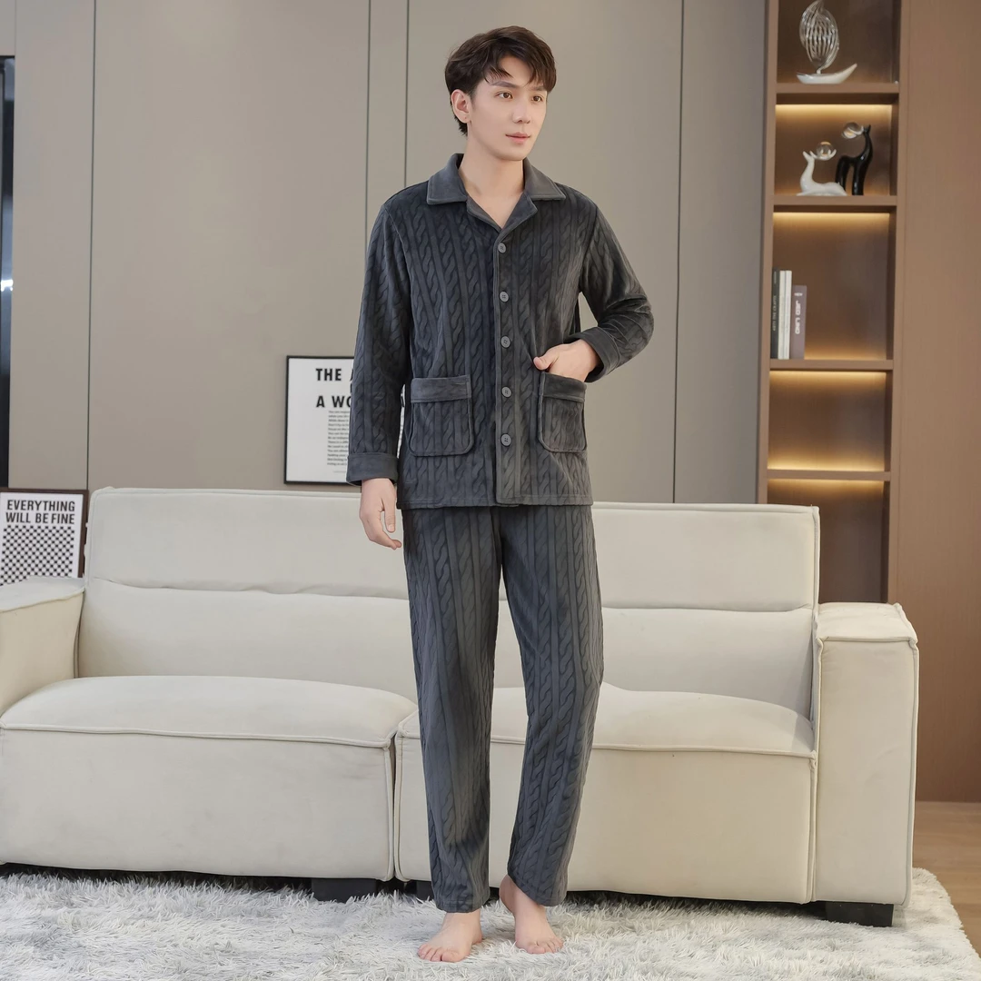 V/雅鹿海岛绒家居服抗静电睡衣加绒加厚保暖可外穿中老年男士套装
