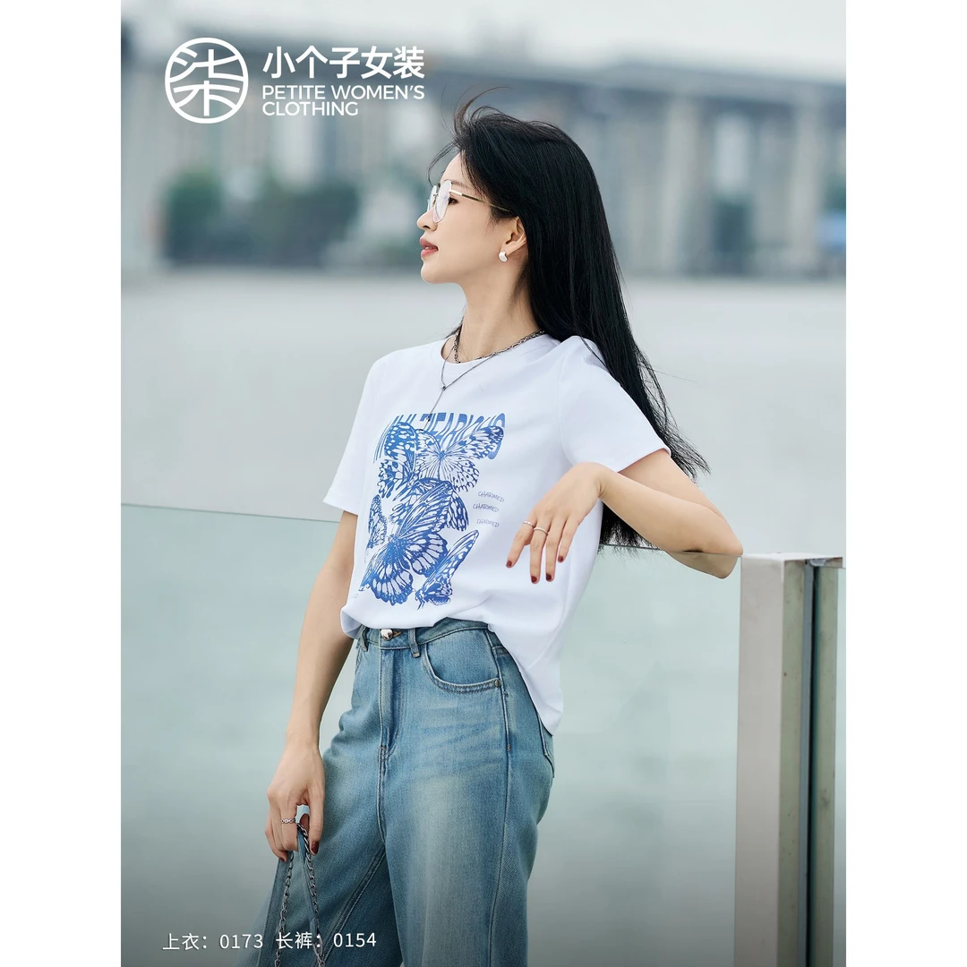 【大柒】【蓝蝶T】0173柒量一裁小个子白色圆领T恤亲肤透气休闲上衣女