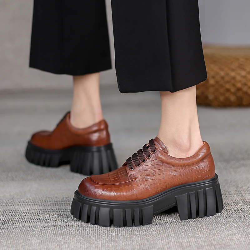 【清仓】S10016真皮英伦风小皮鞋2025春秋新款粗跟系带休闲乐福鞋