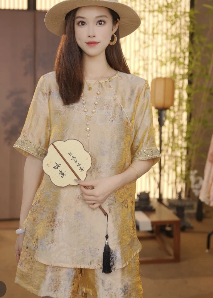 CJ【‌鎏金】新中式2024夏季气质百搭提花立领短袖T恤套装160