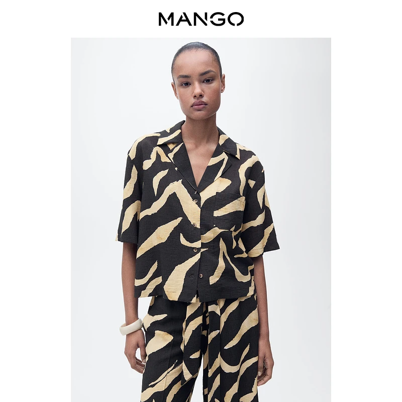 MANGO女装衬衫2025夏装新款抽象黑黄条纹印花休闲短袖衬衫