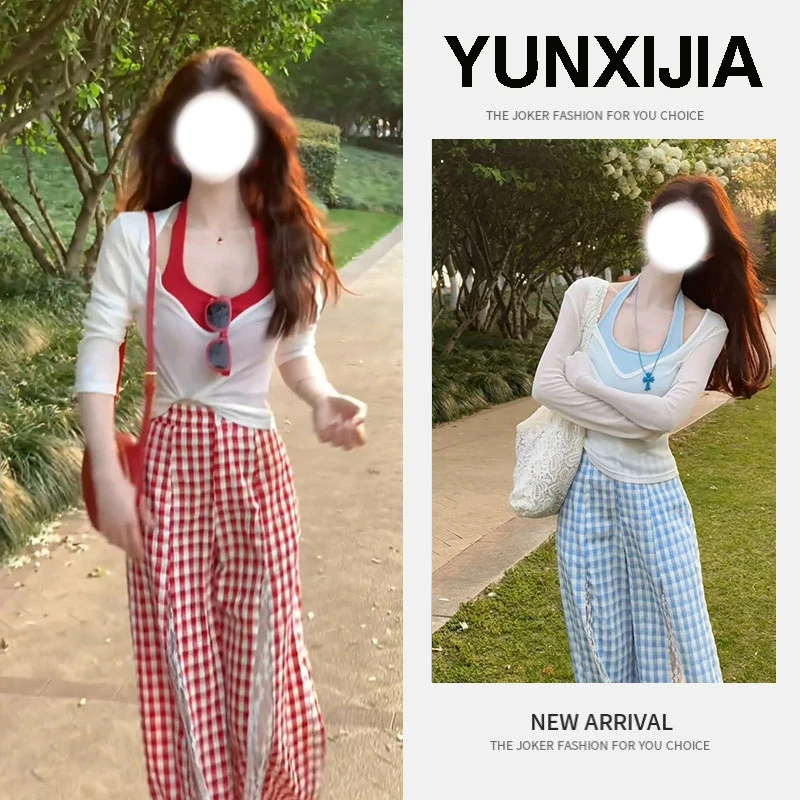今年流行穿搭女2025夏季新款防晒罩衫挂脖背心蕾丝格子裤三件套装