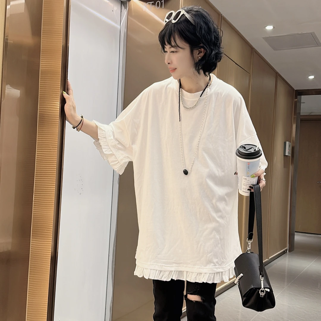 【芬芬姐精选】短袖纯色休闲风T恤夏装半袖圆领设计感花边上衣5073