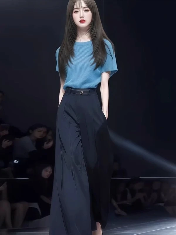 夏季时尚轻奢高级感套装女正肩短袖T恤高腰显瘦阔腿休闲裤两件套