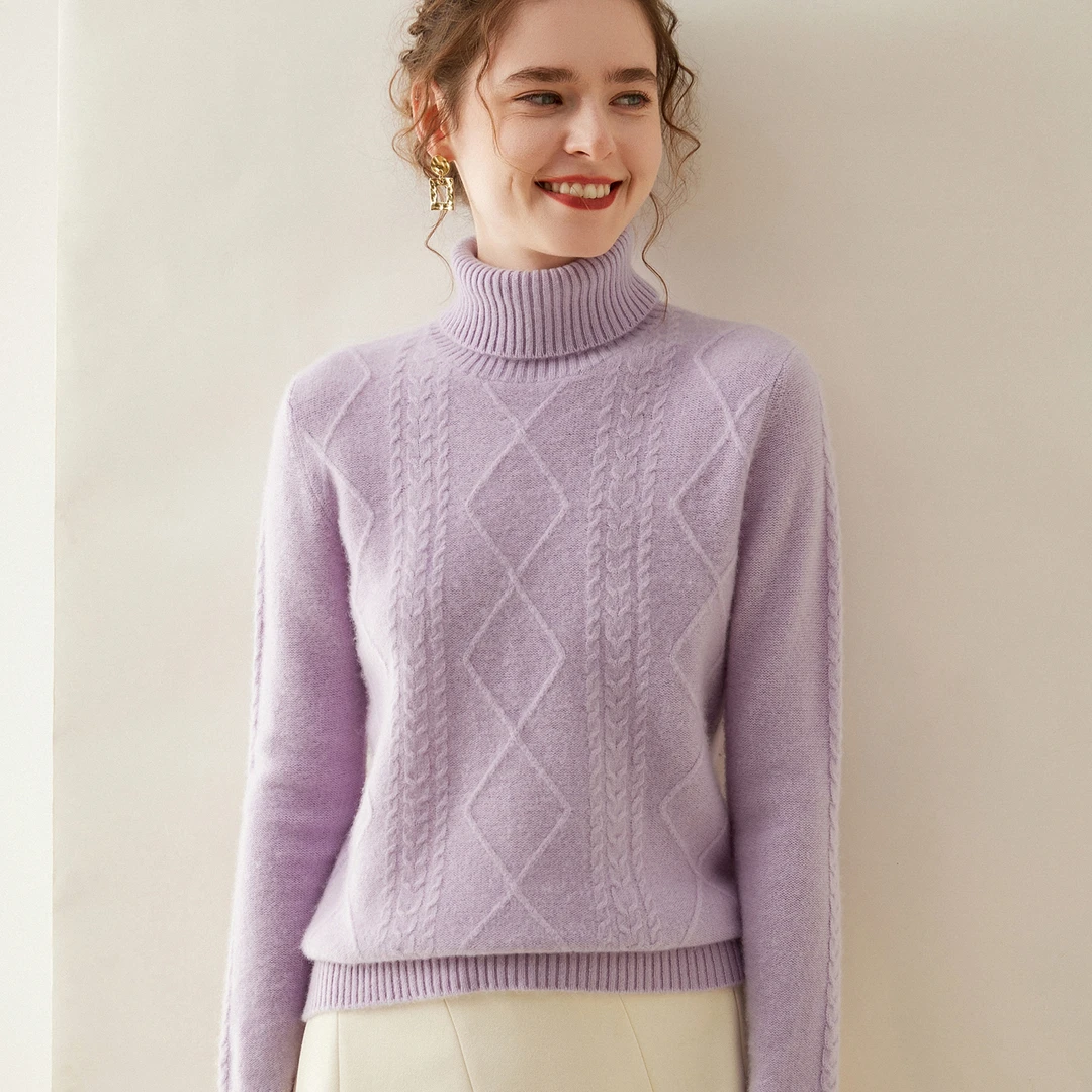 高翻领女士山羊绒衫双股加厚套头毛衣宽松大码针织打底衫高领绞花