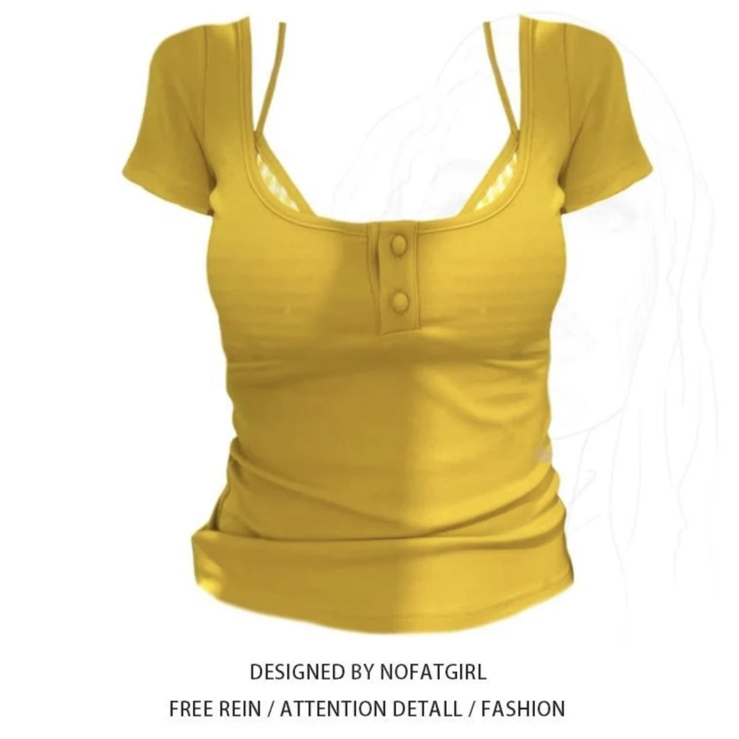 大码胖mm纯欲胸衣叠穿两件套女夏季独特吊带背心显瘦辣妹T恤-1038