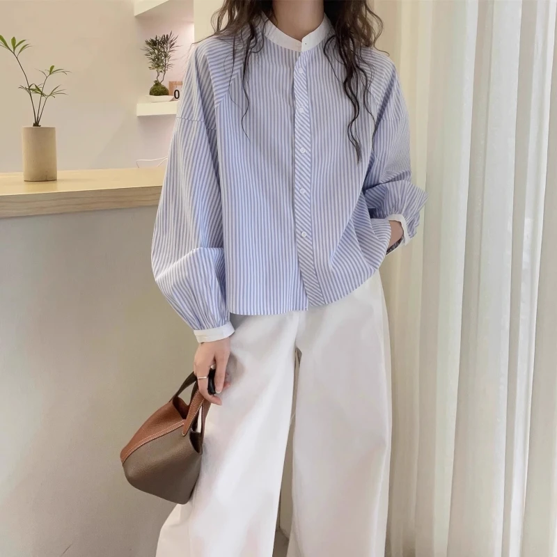 洋气独特蓝白条纹长袖衬衫2025春季新款大码女装宽松显瘦衬衣上衣