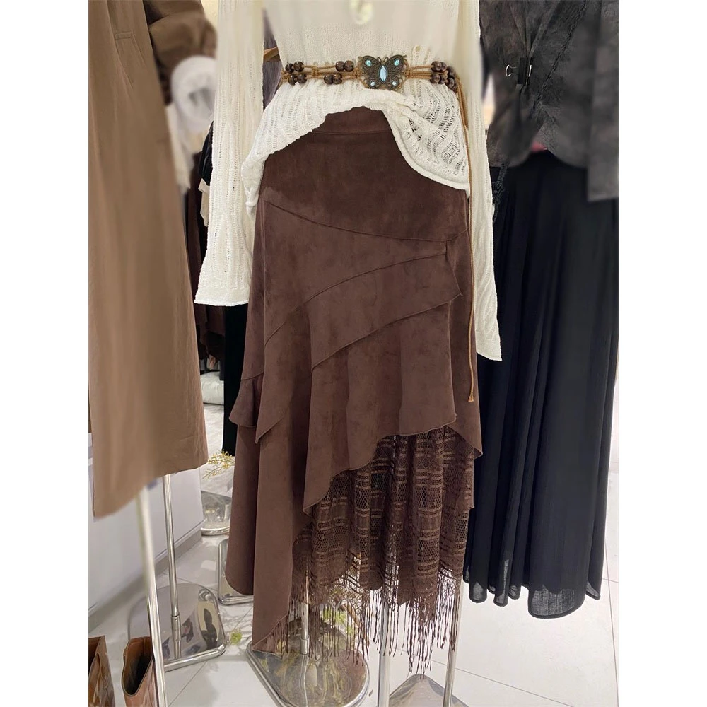 2025年秋季新款法式纯色气质半身裙女废土风气质高腰荷叶边A字裙