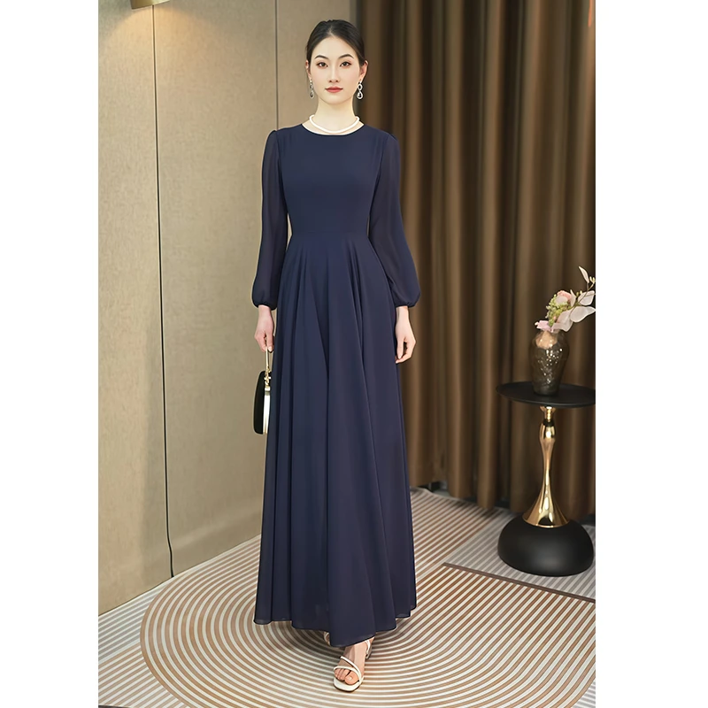 高奢藏蓝色莱赛尔蝉羽纱轻盈飘逸时尚连衣裙优雅修身长款高贵长袖