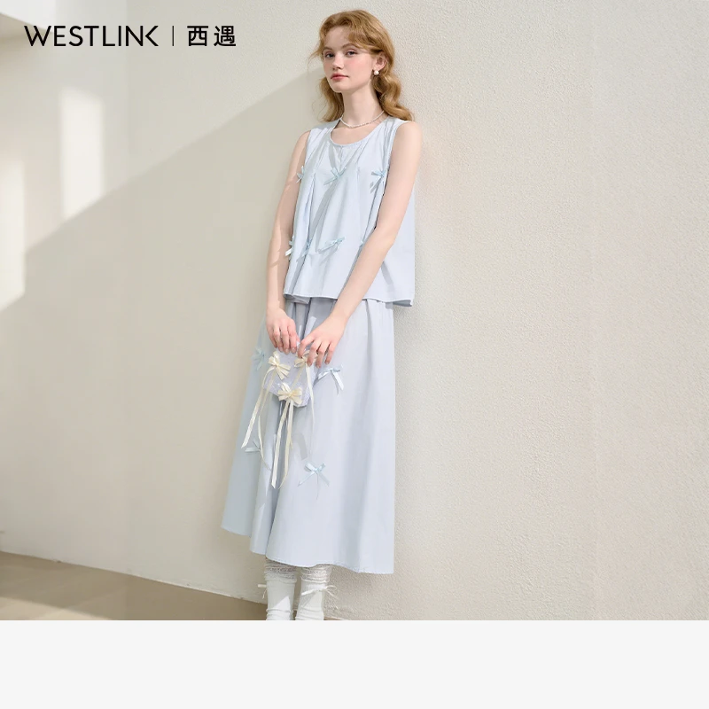 0880西遇a字半身裙套装女2025年夏季新款蝴蝶结马甲背心两件套