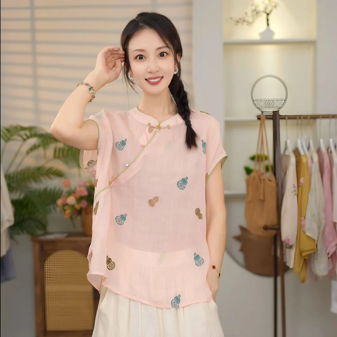 【福禄双全】新中式国风盘扣重工刺绣苎麻女衬衫复古上衣