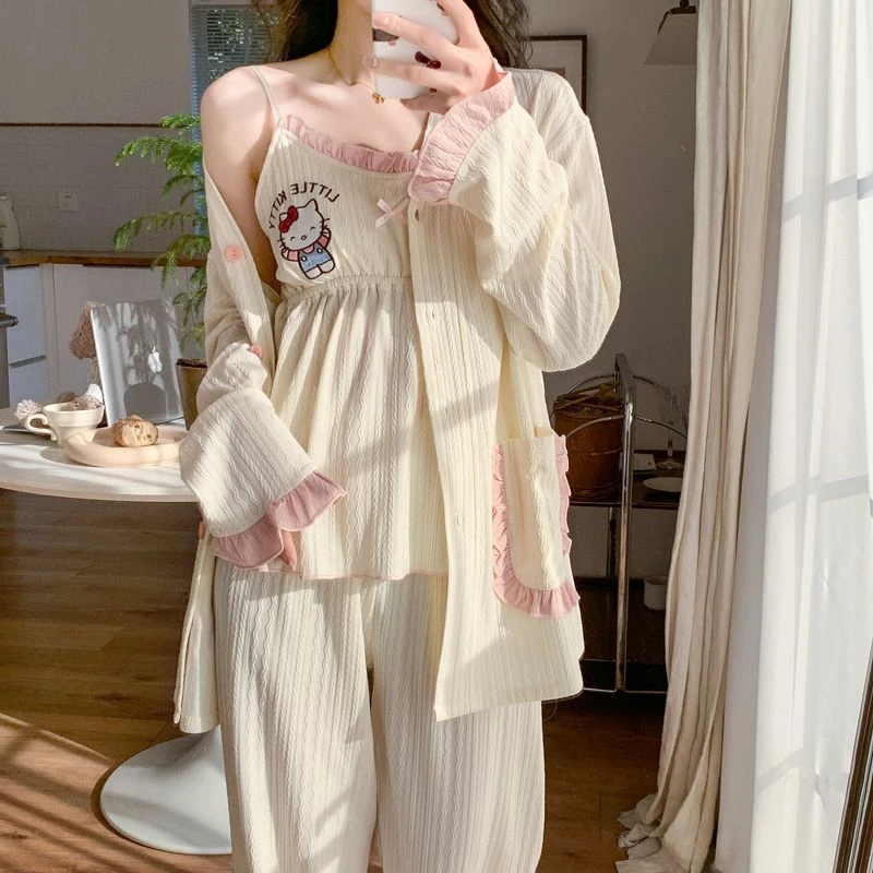 带胸垫2025年春秋季新款提花棉睡衣女KT吊带长袖三件套家居服V领