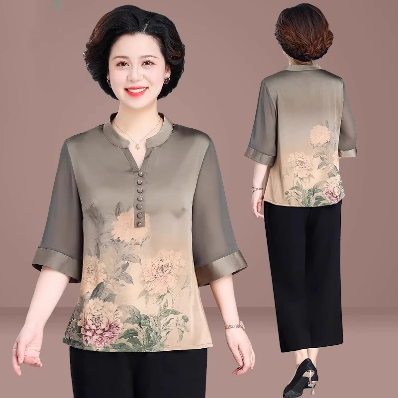 母亲节妈妈夏装短袖t恤套装洋气50岁中老年女夏季奶奶装雪纺衬衫