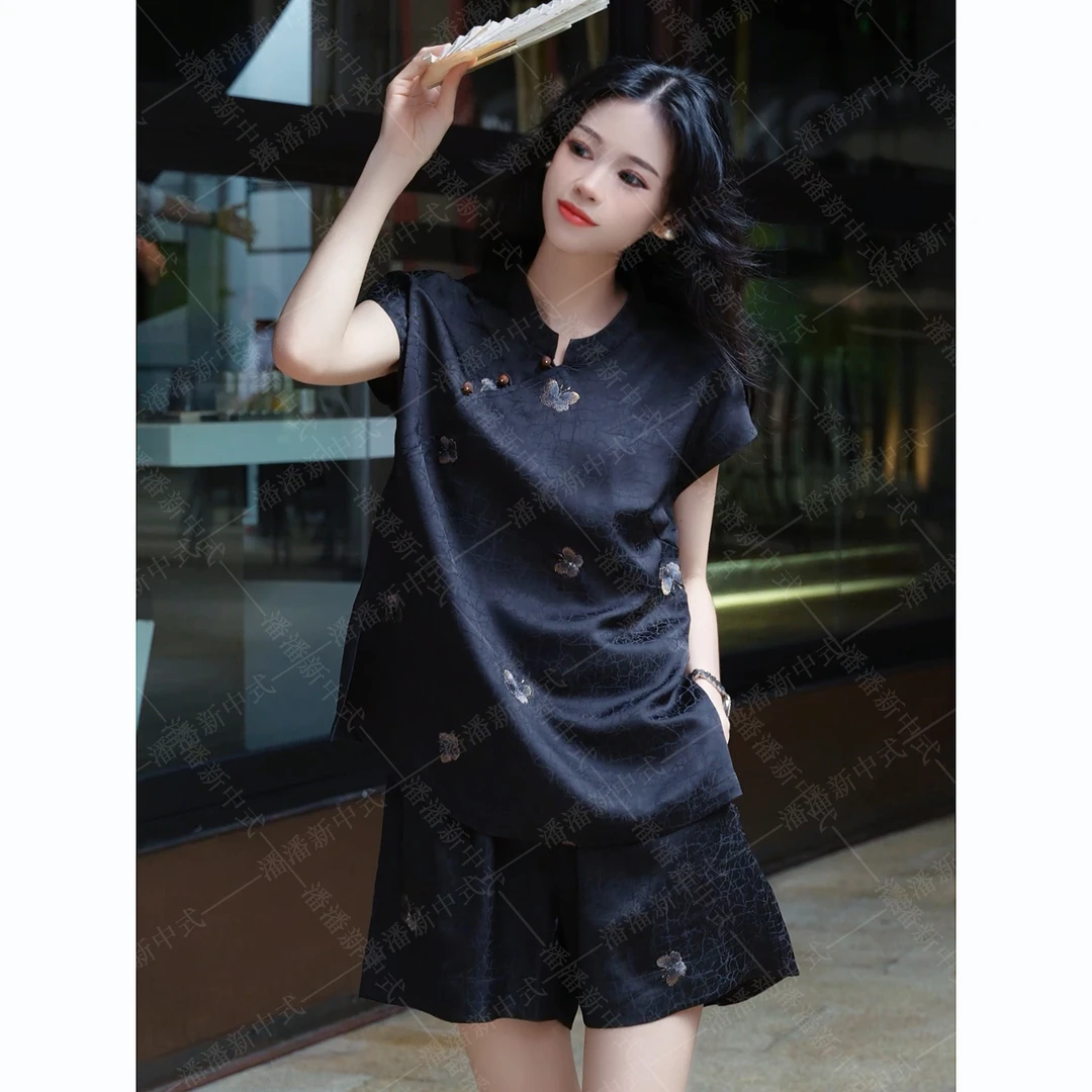 斜阳沉 潘夏季常规圆领宽松型衬衫气质新中式绣花中国风提花显瘦