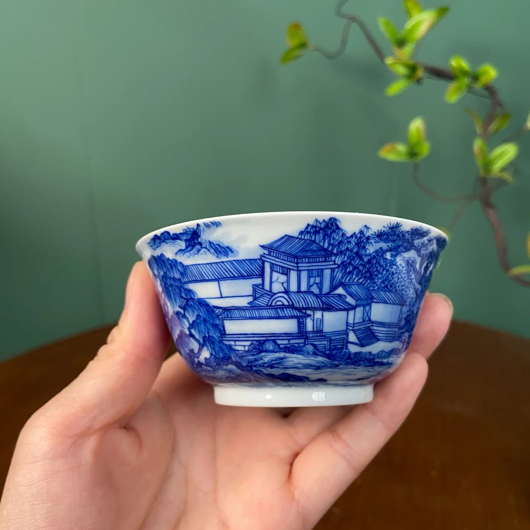 【九茗珍藏】林意宋画山水青花釉下红直口杯手工手绘景德镇茶具