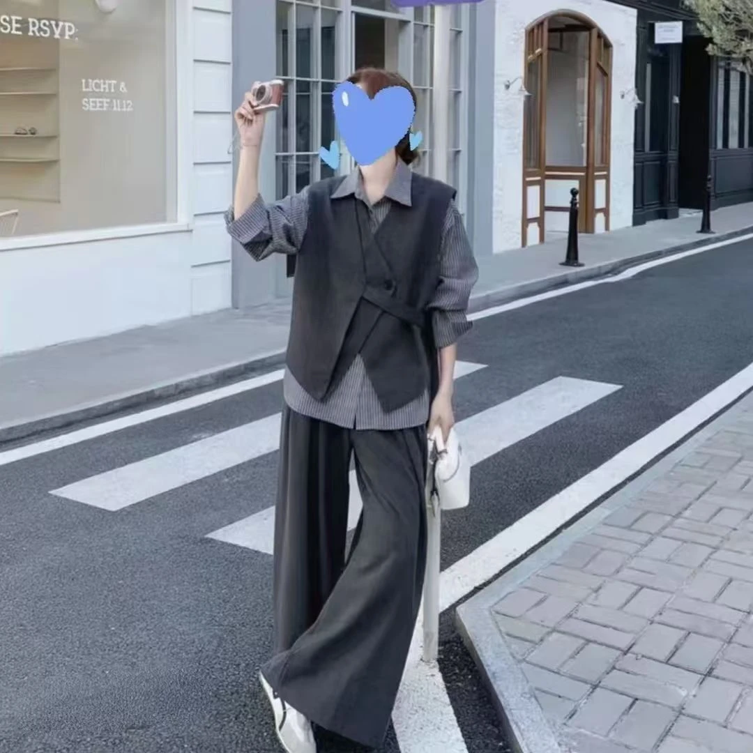 韩系马田条纹衬衫长裤2025春秋新款松弛感三件套