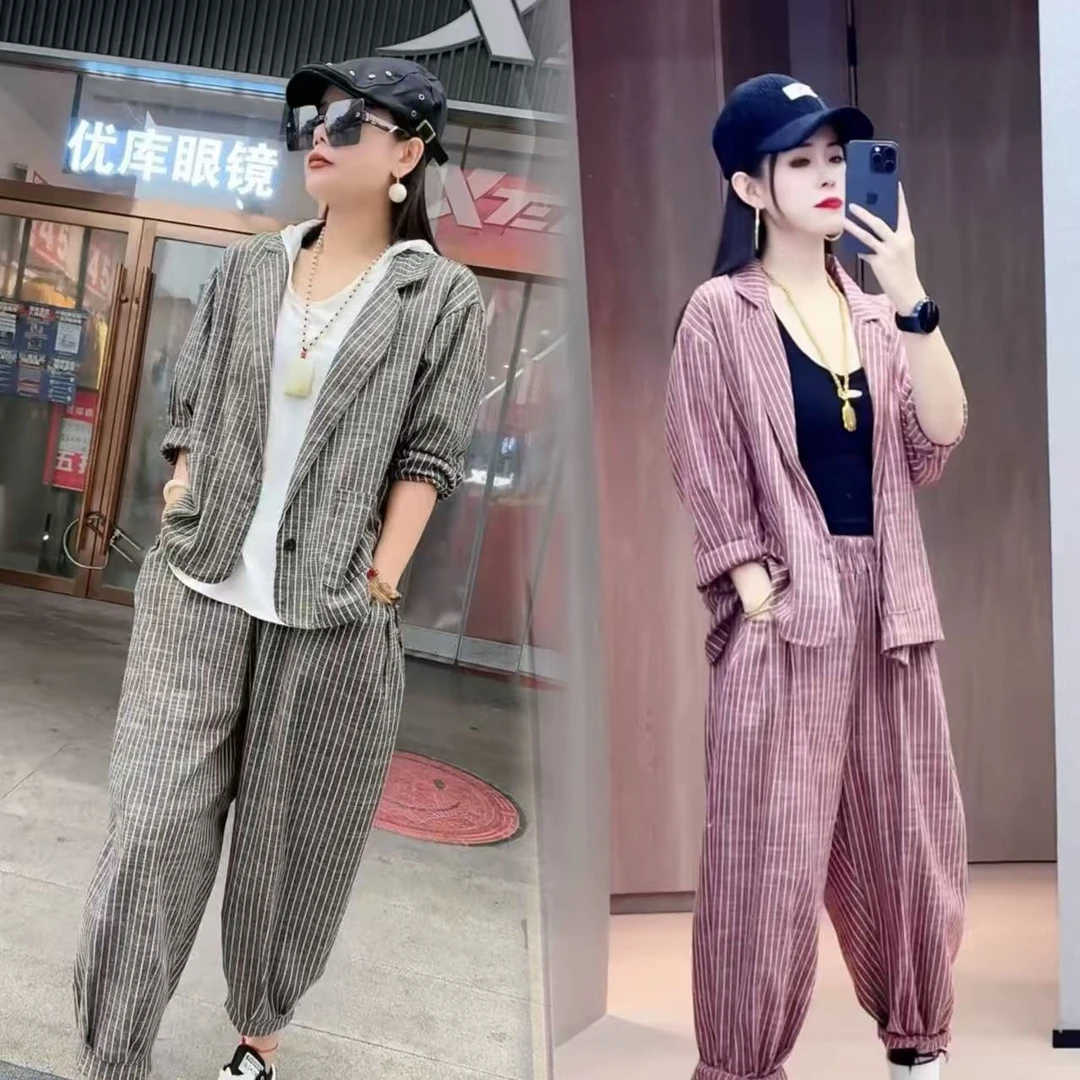 复古休闲套装春季新款条纹时尚长袖西装外套高腰裤子显瘦两件套