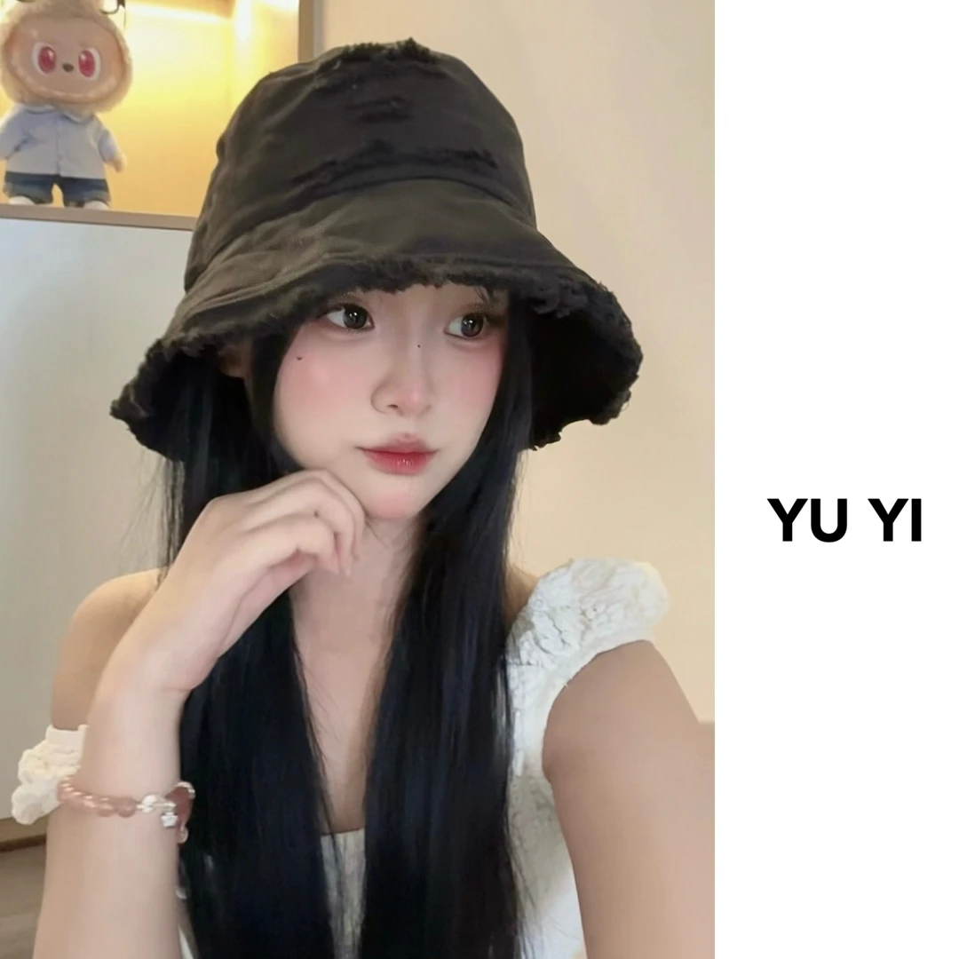 超显脸小！素颜磨边黑色帽子休闲做旧牛仔渔夫帽潮流盆帽大檐男女