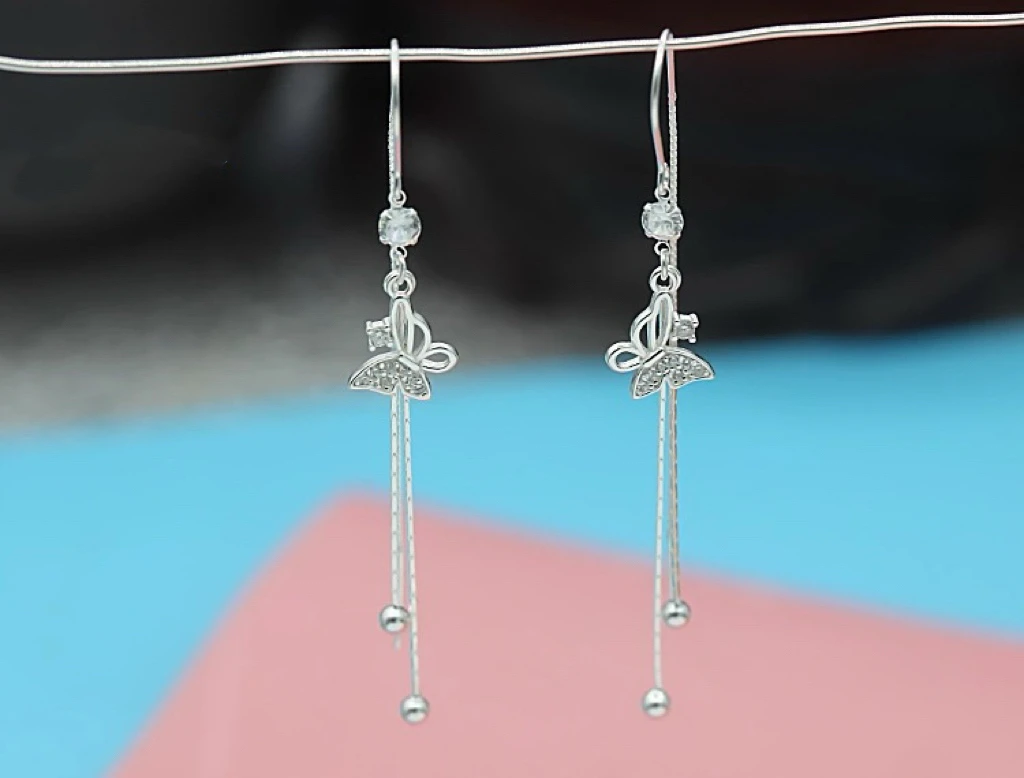 足银合成锆石耳饰 足银超仙微镶蝴蝶耳线