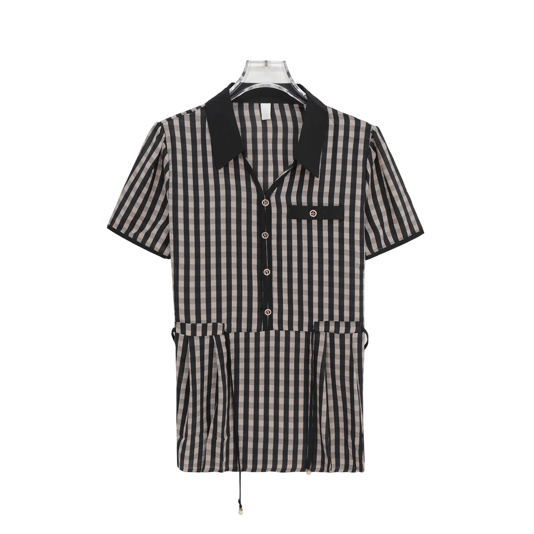 时尚夏季翻领格子短袖衬衫洋气减龄小衫上衣 X26736