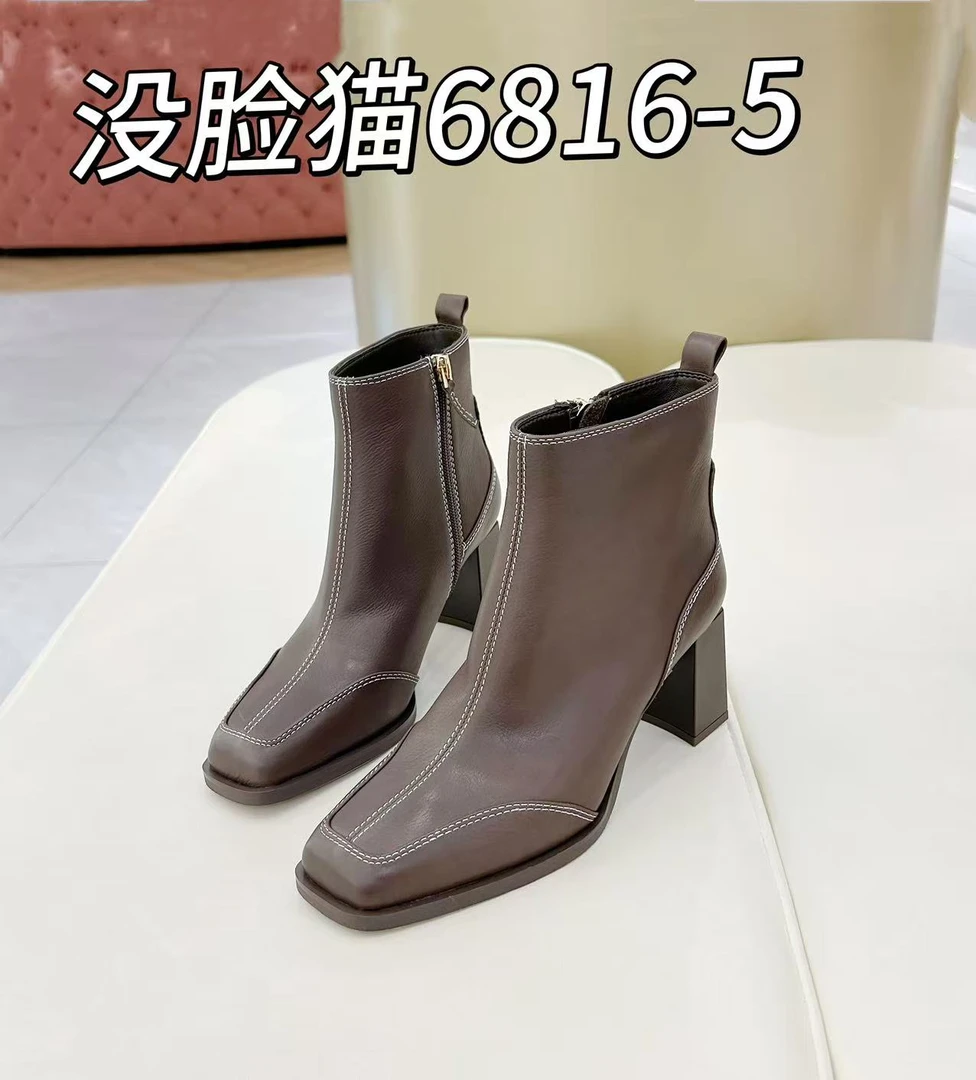 没脸猫女士冬季百搭粗跟方头时尚气质中跟时装靴子6816-5
