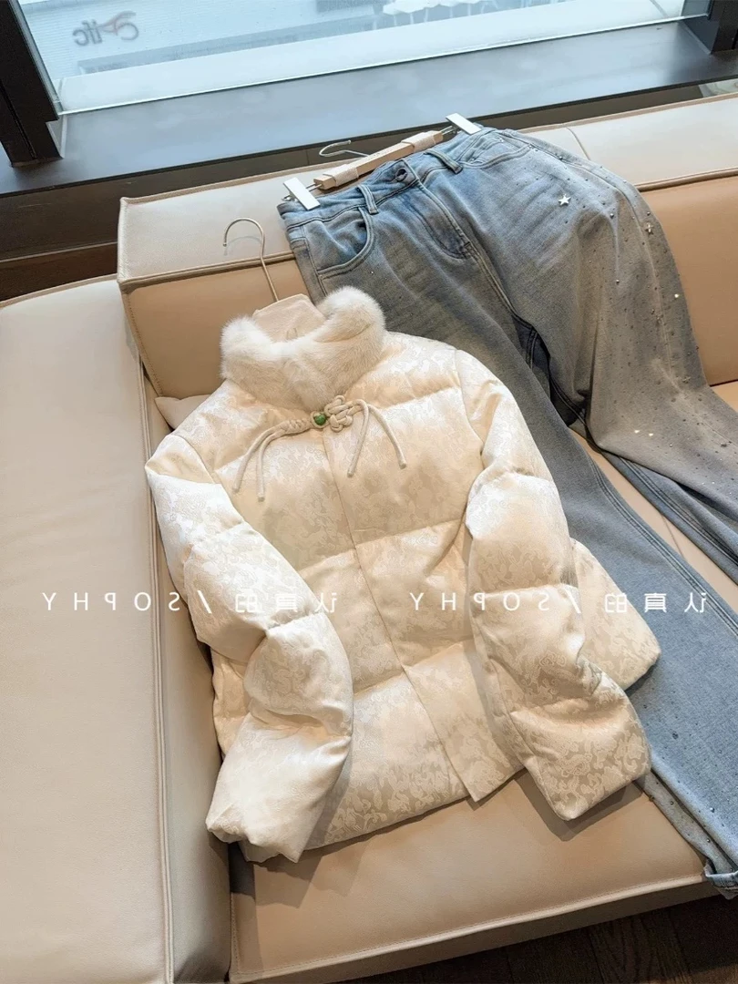 新中式国风棉服女2025冬季新款保暖加厚毛毛领提花盘扣外套上衣潮
