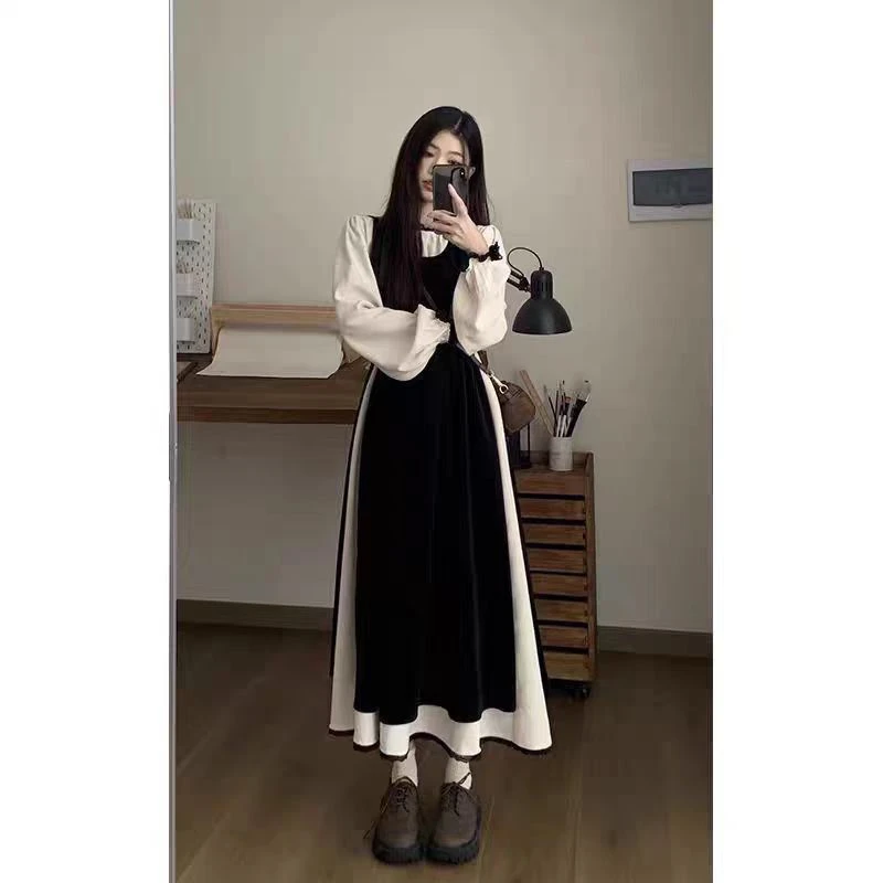 法式复古大码连衣裙不褪色绑带中腰常规中长裙-99026