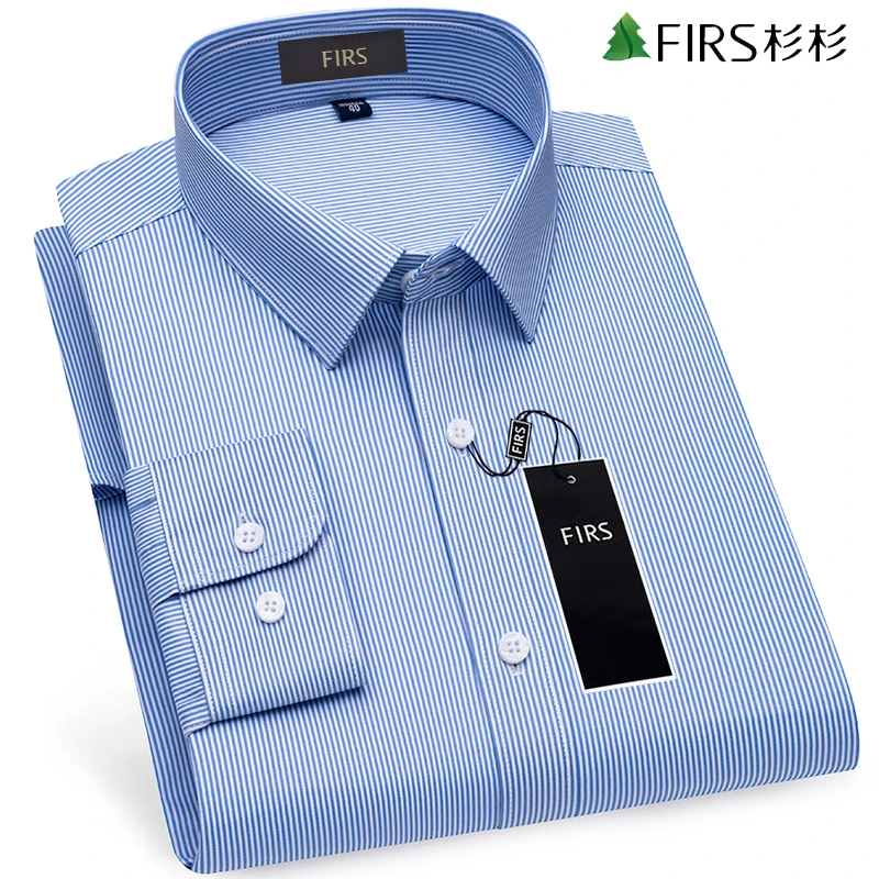 杉杉男装商务翻领蓝色衬衫长袖春季商务免烫抗皱白色条纹衬衣男款
