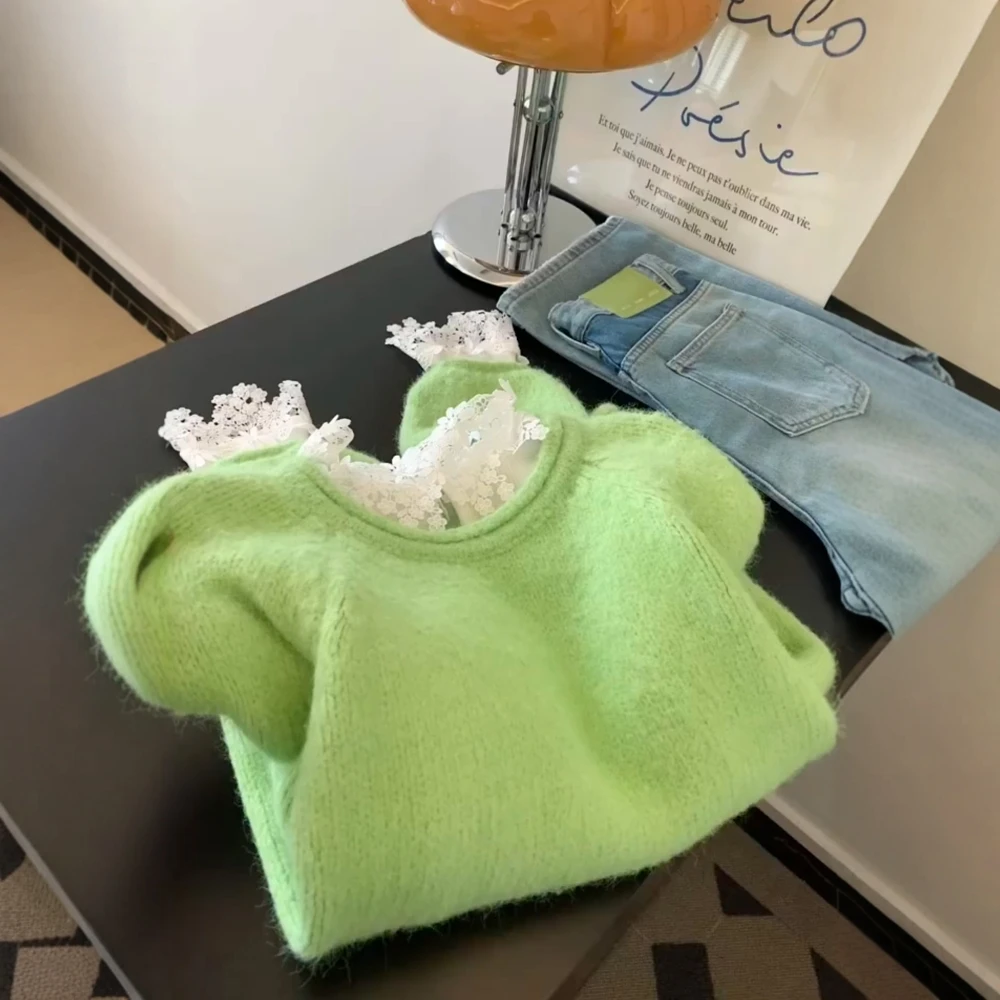 绿色圆领套头长袖针织衫毛衣女2025新款韩系慵懒风高级感初秋上衣