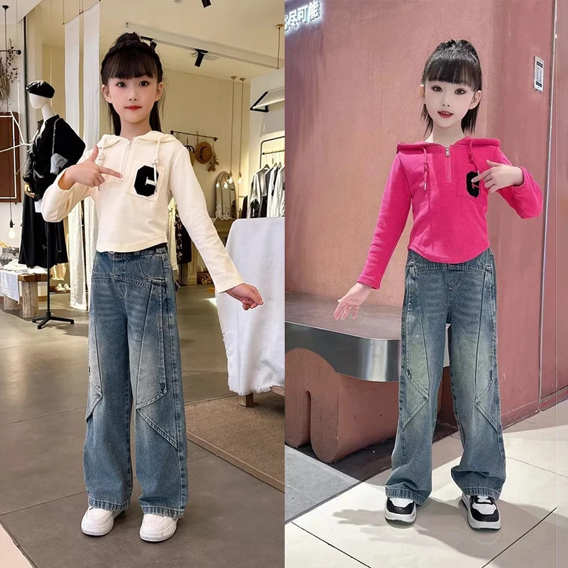 女童春装网红套装2025新款儿童洋气韩版时髦牛仔阔腿裤两件套潮