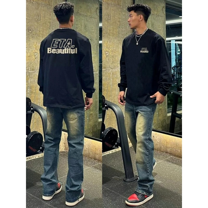 280g重磅纯棉长袖T恤男美式休闲字母印花潮牌百搭宽松加绒卫衣ins