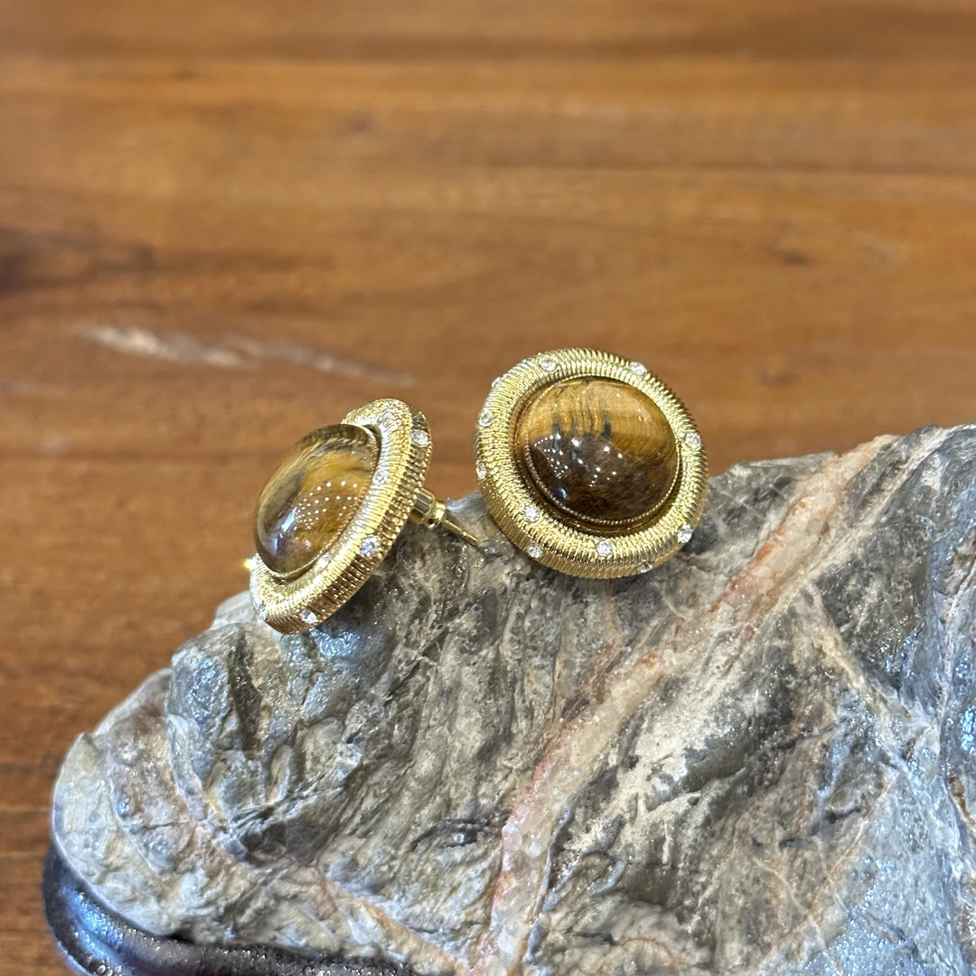 925银耳饰 纯铜耳饰 铜镀金中古虎眼石锆石镶嵌银针耳环CB787