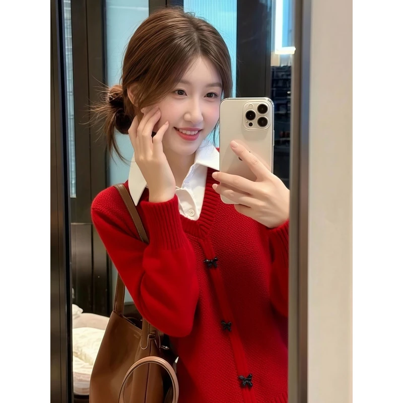 红色假两件拼接衬衫领毛衣针织衫女2025冬季新款独特漂亮气质上衣