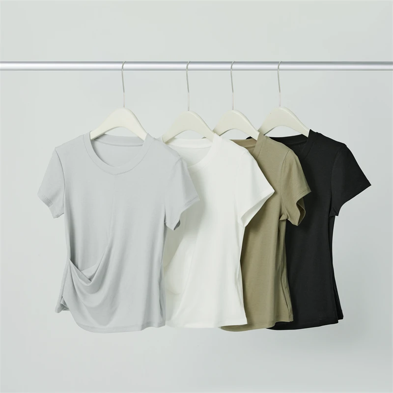 韩系交叉收腰圆领针织T恤女夏季新款小个子宽松修身正肩上衣