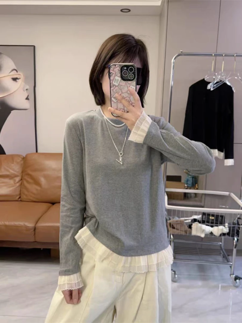 高质感设计感蕾丝木耳边长袖打底女套头正肩袖减龄百搭女T