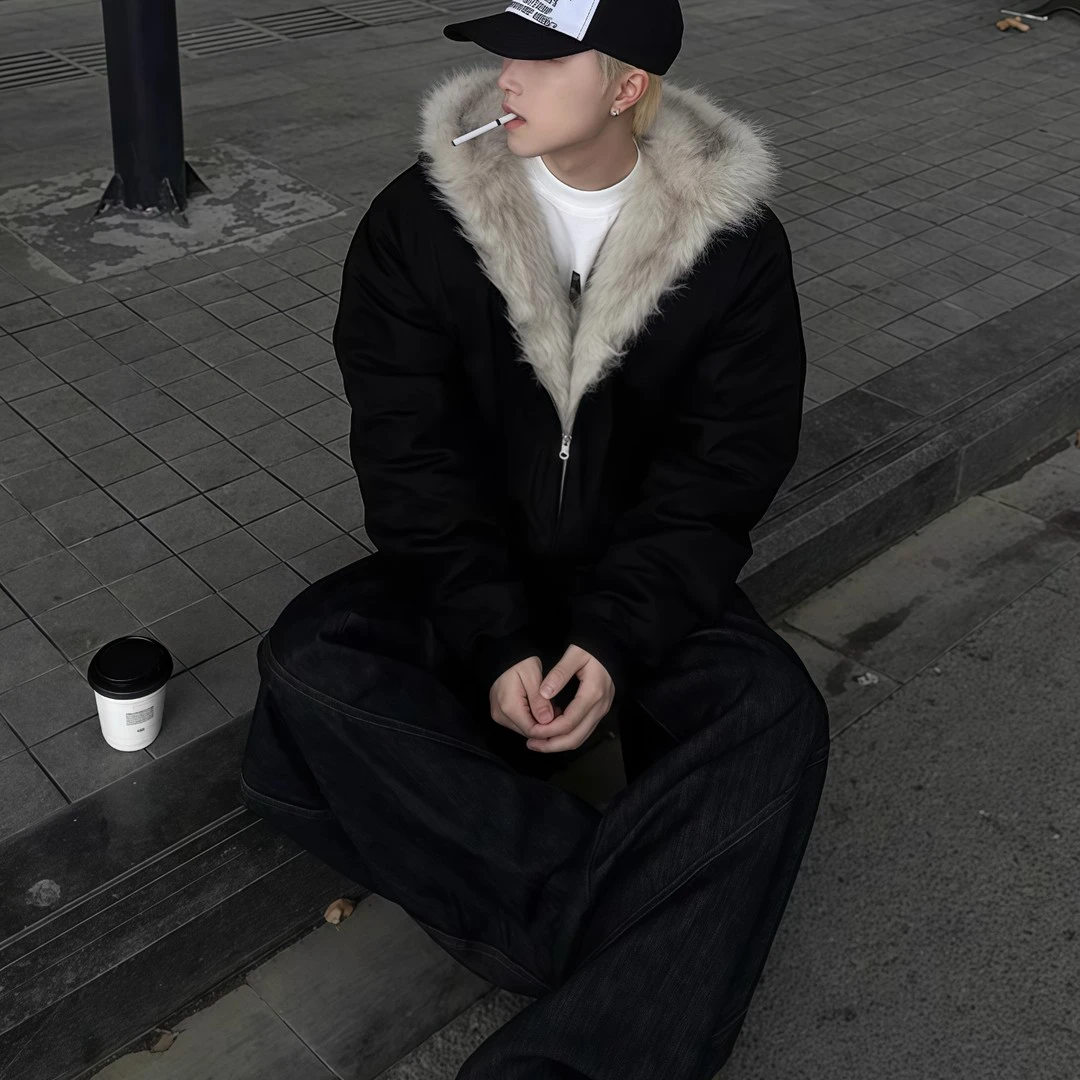 冬季解构廓形座山雕毛领情侣外套短款连帽美式派克服加厚棉服男