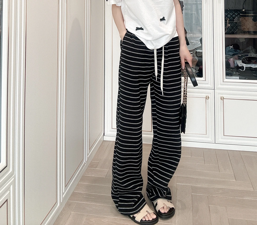 【82005】长裤-夏季时尚休闲宽松弹力腰头显瘦百搭提花间条女装长裤