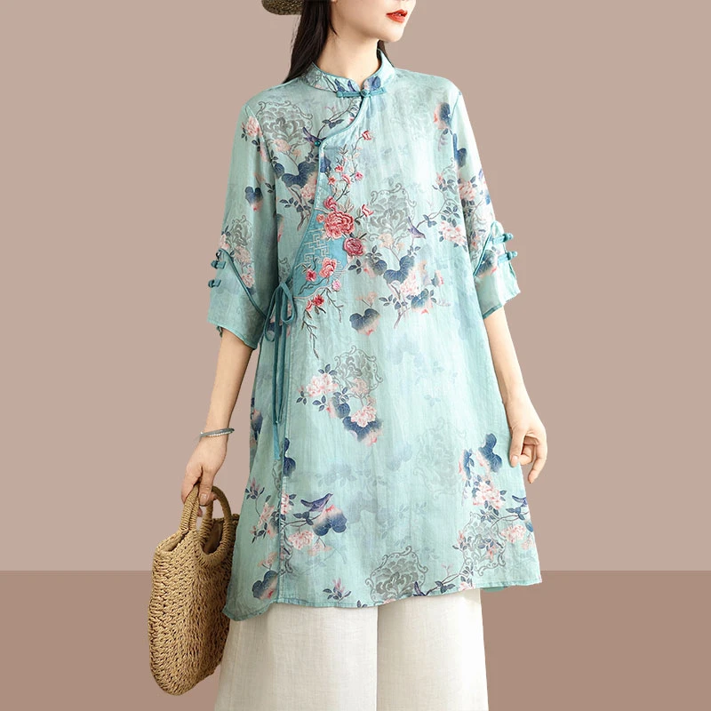 夏季时尚新款文艺斜襟刺绣系带亚麻国风立领盘扣中长款印花茶服女