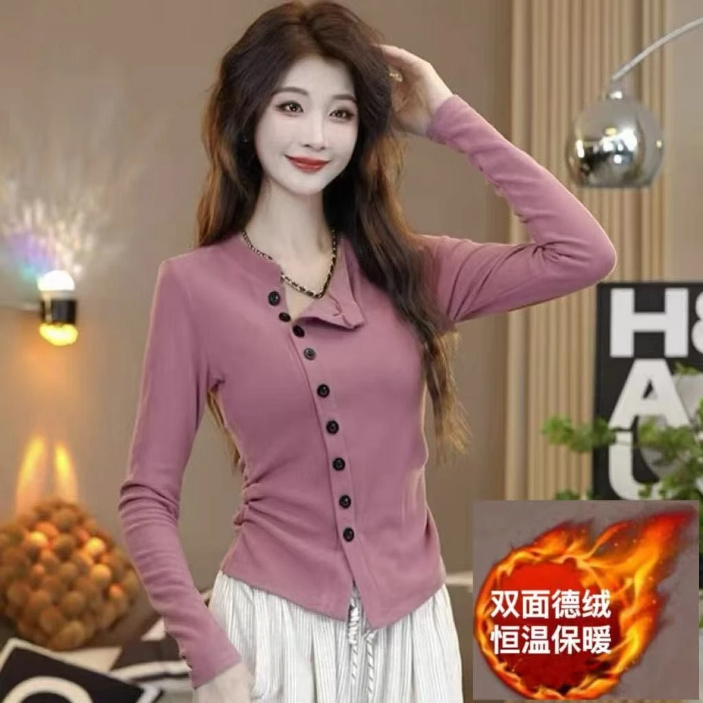 2025秋冬新款法式设计感排扣显瘦长袖T恤女洋气别致修身打底上衣