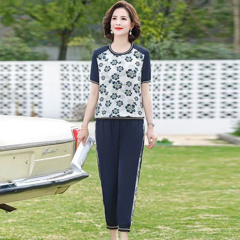 8772-妈妈夏装时尚套装新款女装短袖T恤夏季休闲宽松【B12-1-3】