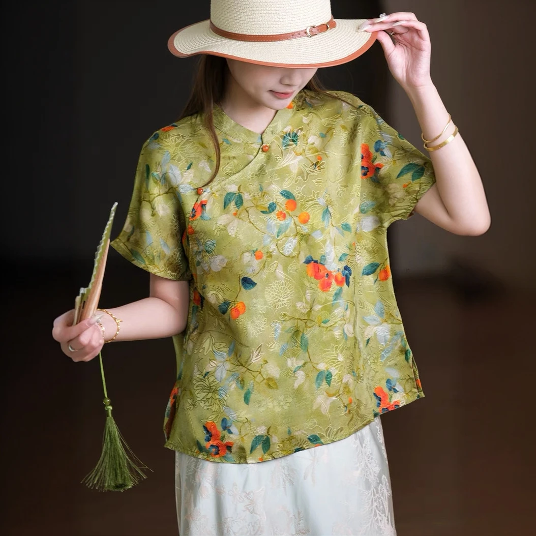 【628】民族风夏季新款中式高端绿色宽松薄款女士T恤小衫