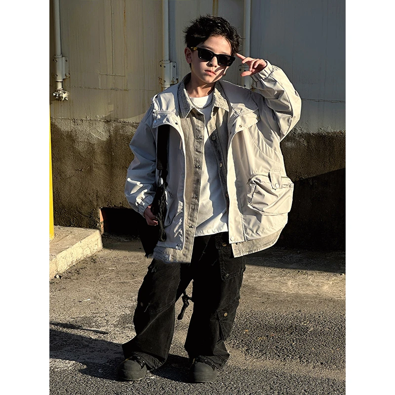 若大王时尚百搭童装字母假两件连帽外套 H25079