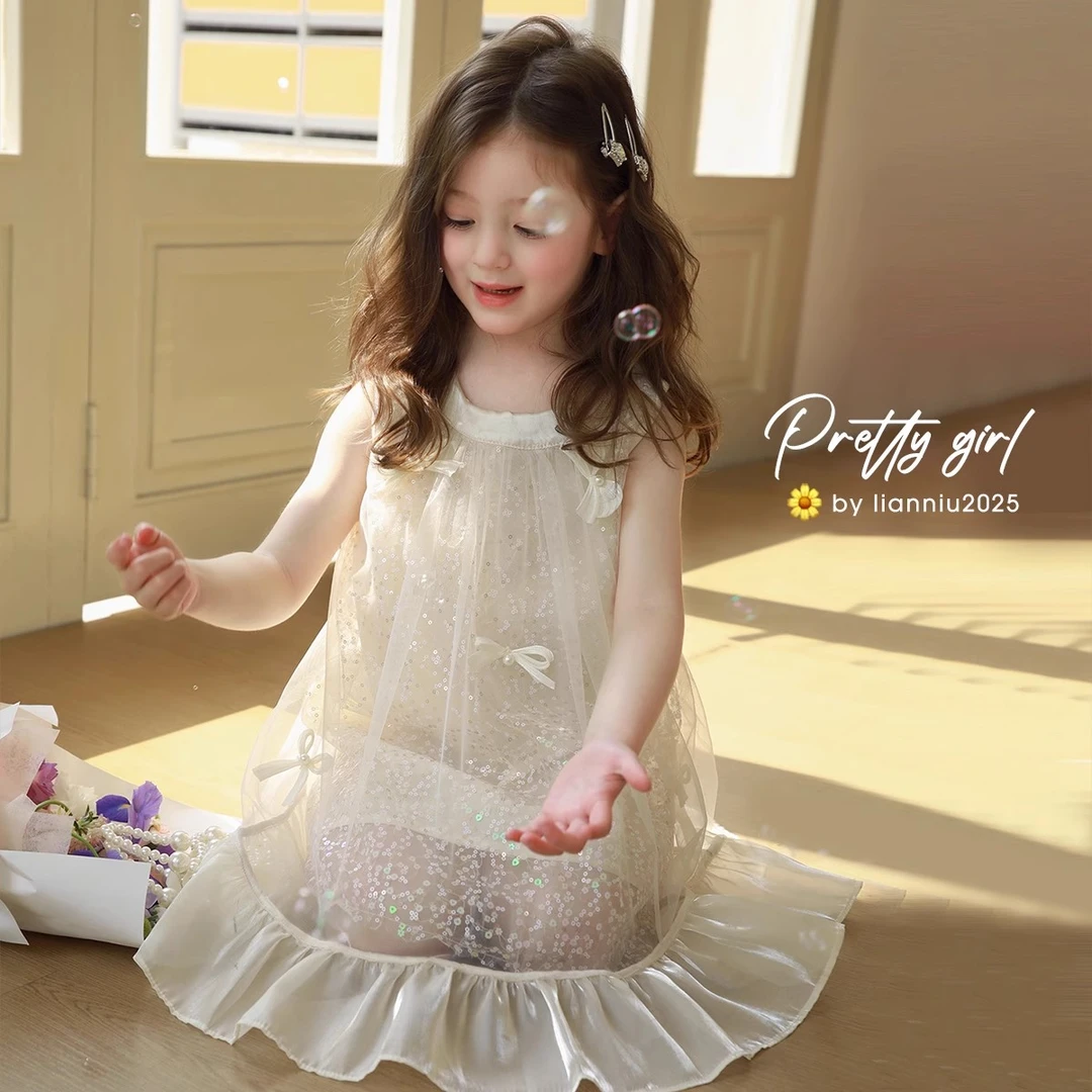 皎月鎏光闪闪亮片缎面珍珠绣千金白月光裙爱上靓妞女童夏装2025