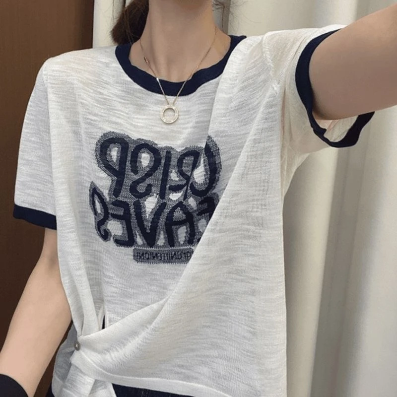 设计感洋气字母提花撞色短袖竹节麻T恤针织衫女夏季新款显瘦上衣