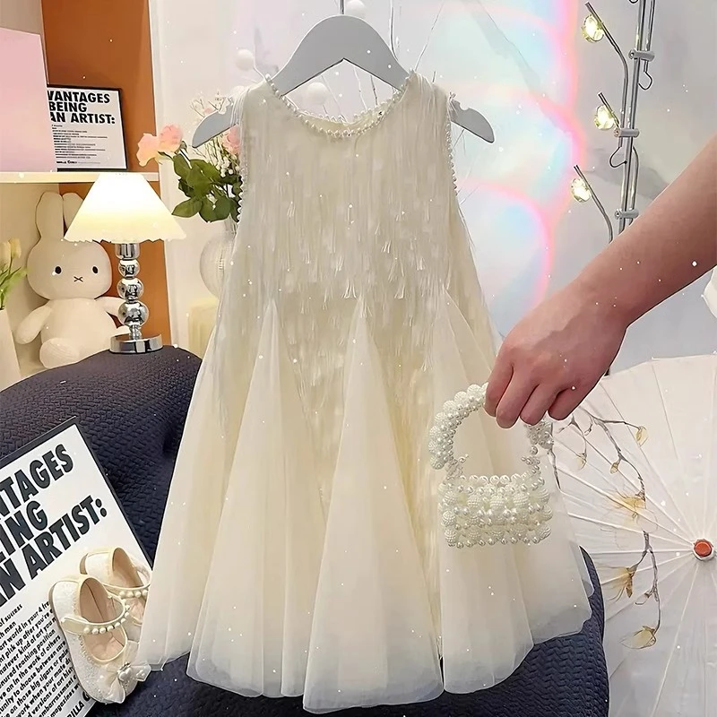 夏日新款女童中大童洋气时尚白月光无袖气质儿童流苏珍珠小孩衣服
