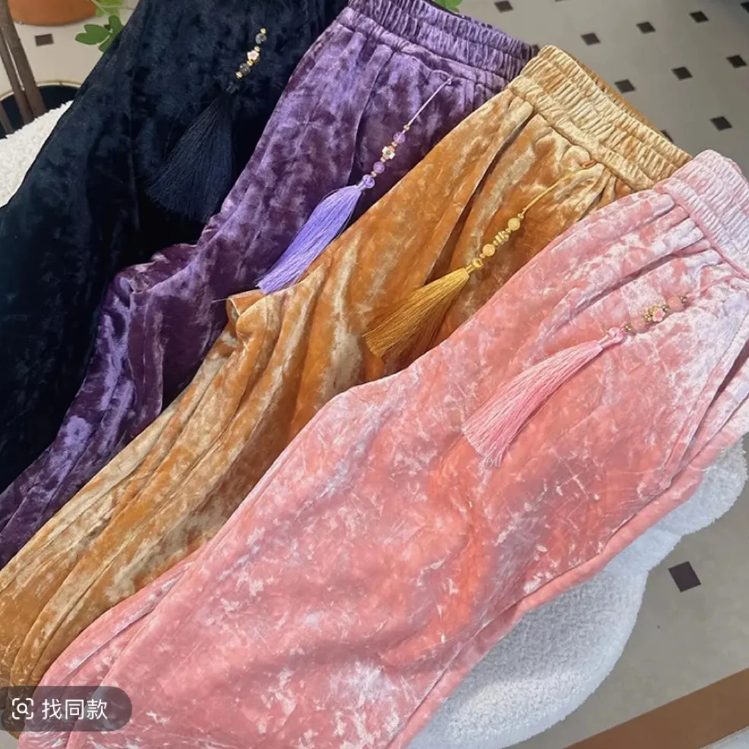 （625克瘦瘦裤）加宽松紧腰5A钻石绒直筒显瘦裤国风新中式装气质